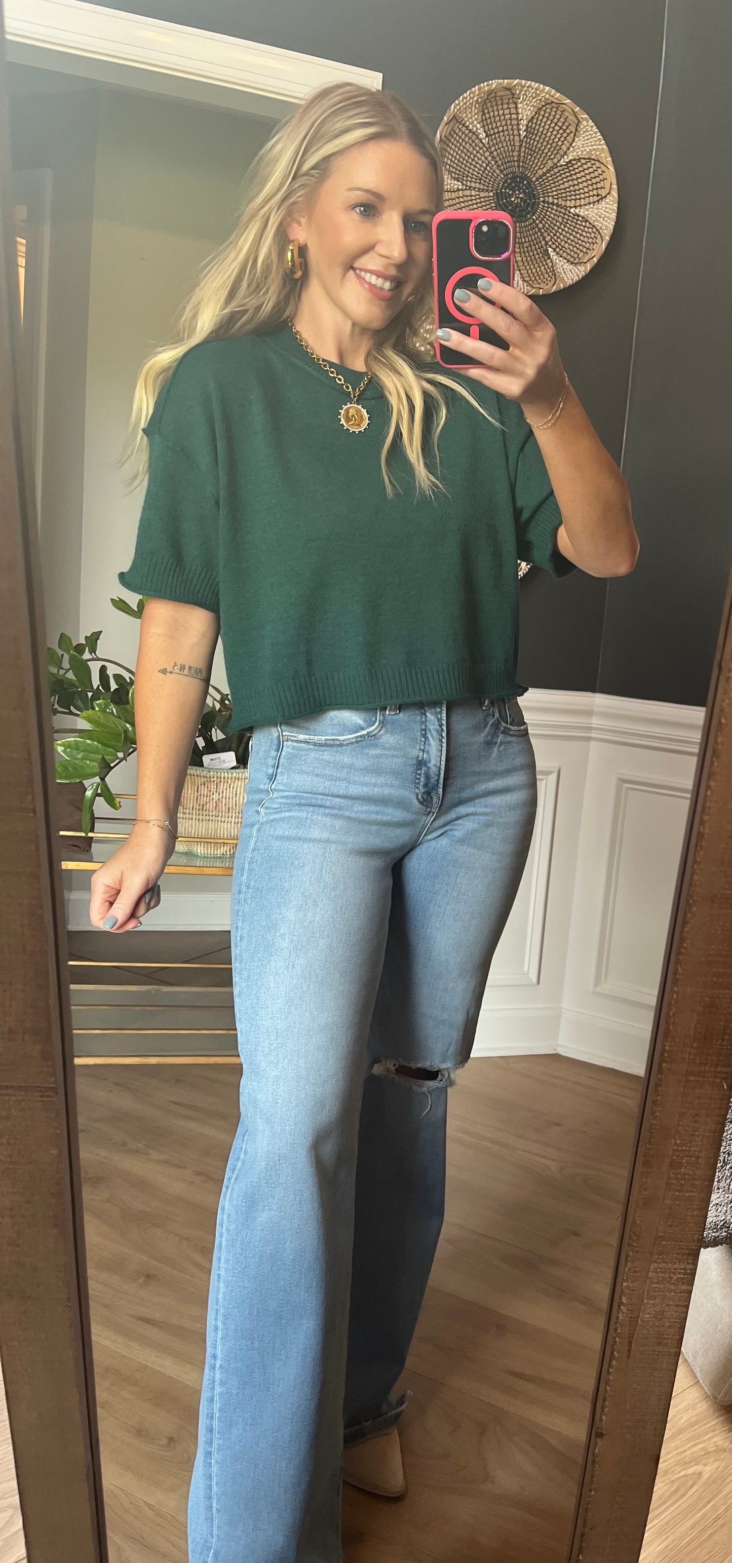 Round Neck Exposed Seam Juniper Green Sweater