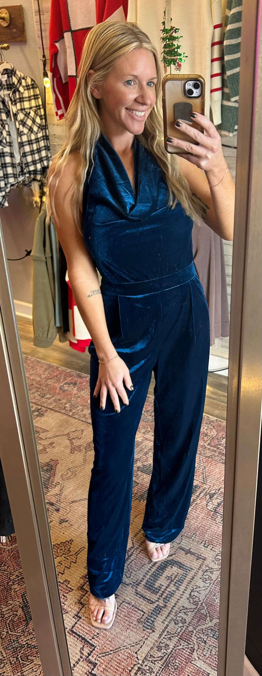 Velvet Cowl Neck Jumpsuit / Teal