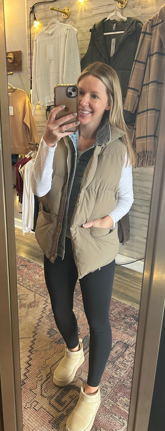 Denim Layered Puffer Vest/mushroom