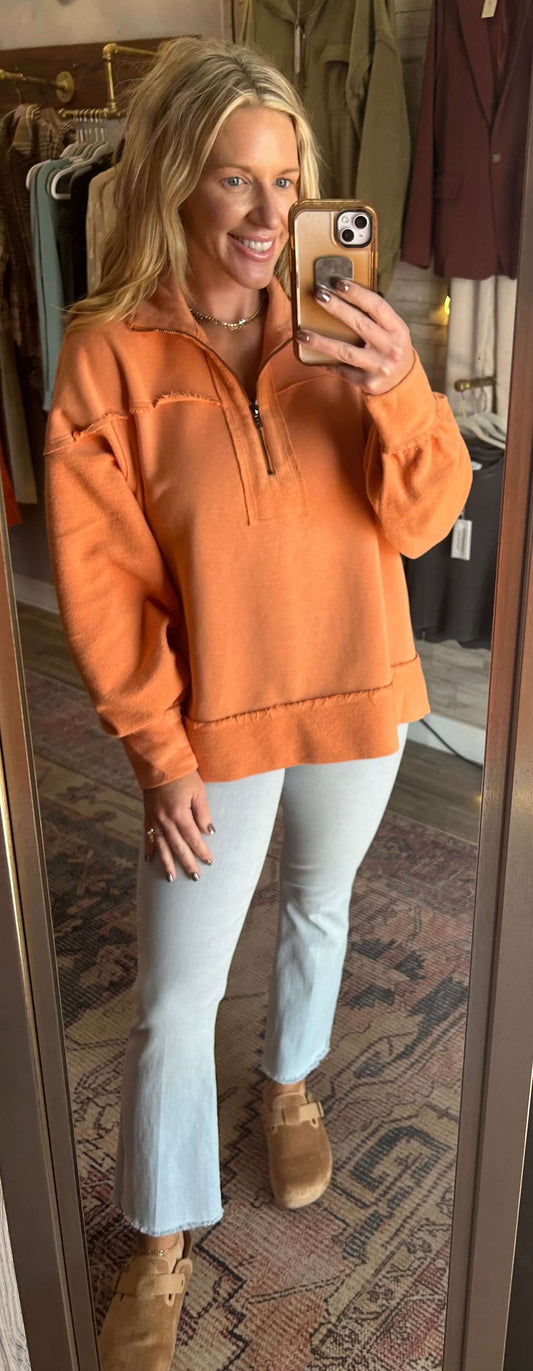 Washed Terry Zipup Pullover/ Orange