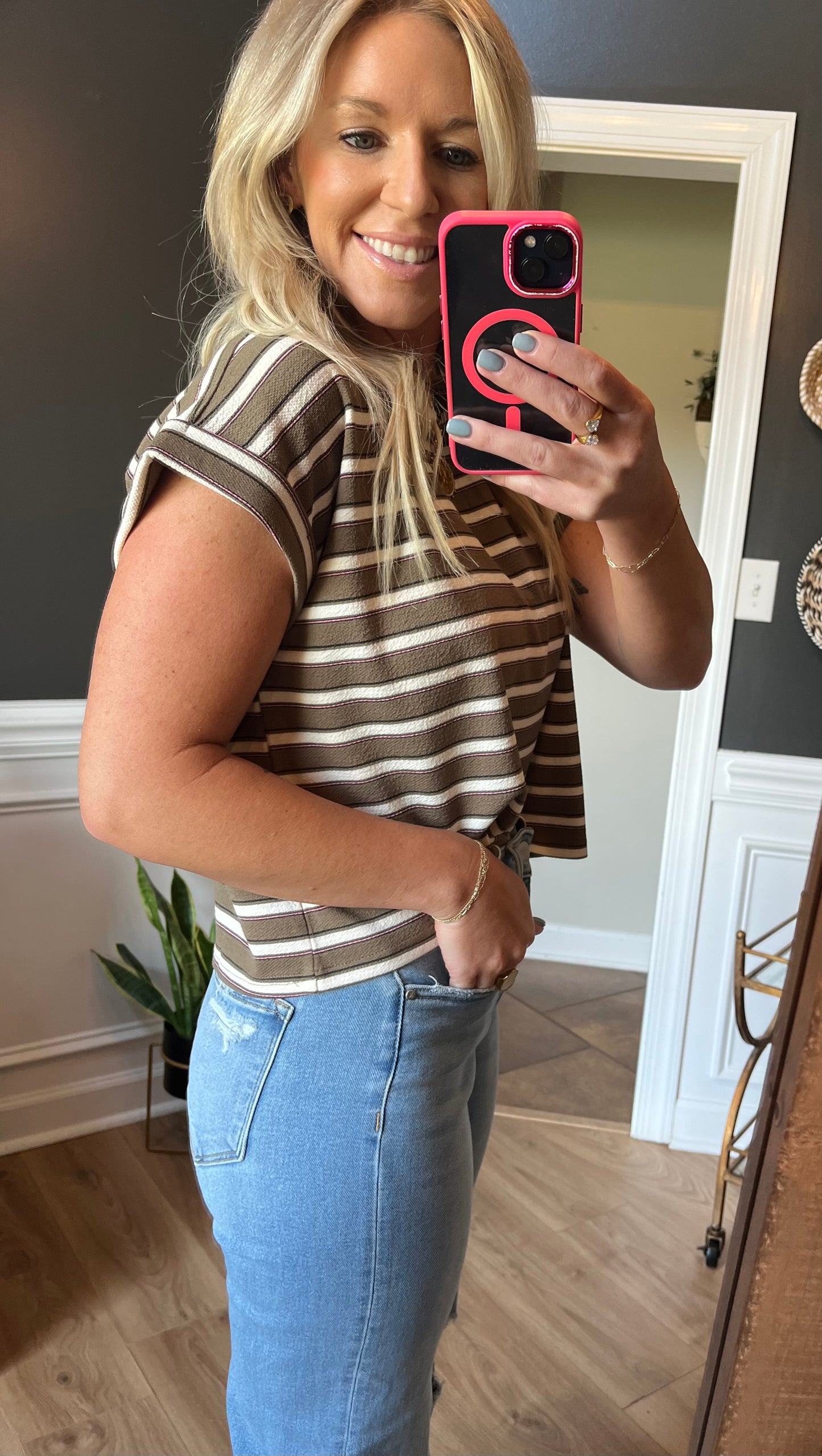 Olive Mocha Striped Short Sleeve Top
