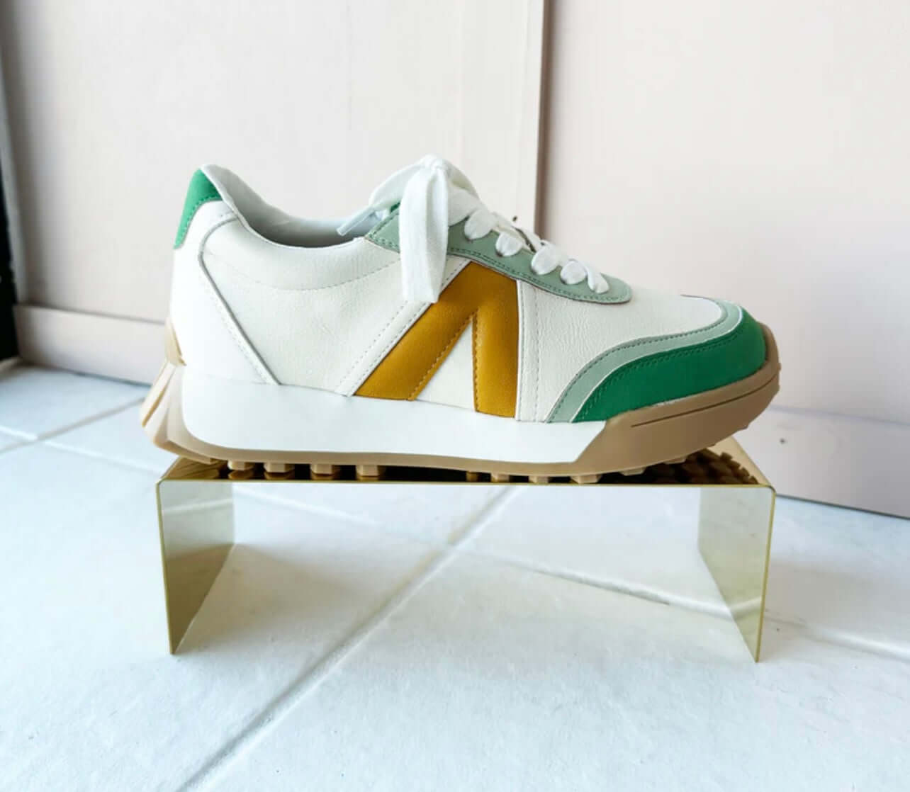 MIA Town Sneaker in multi green with color-blocked V detailing on contoured footbed and rubber outsole.