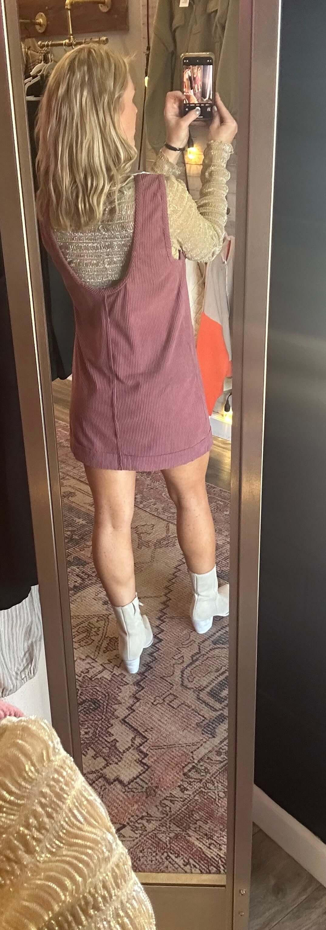 Currently Cute Corduroy Overall Dress/ mauve