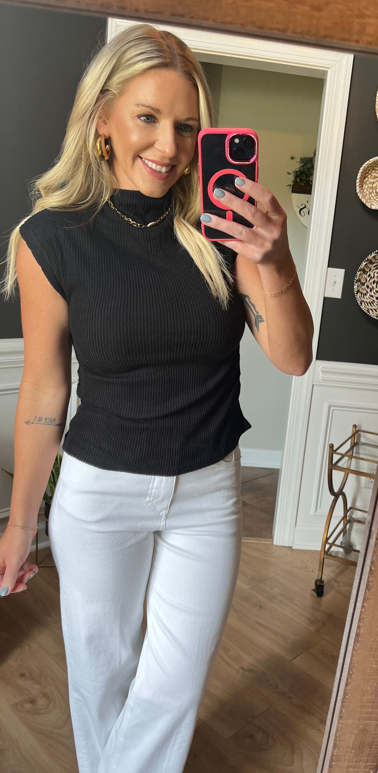 Cap Sleeve Mock Neck Ruched Tank/ black