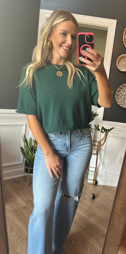 Round Neck Exposed Seam Juniper Green Sweater