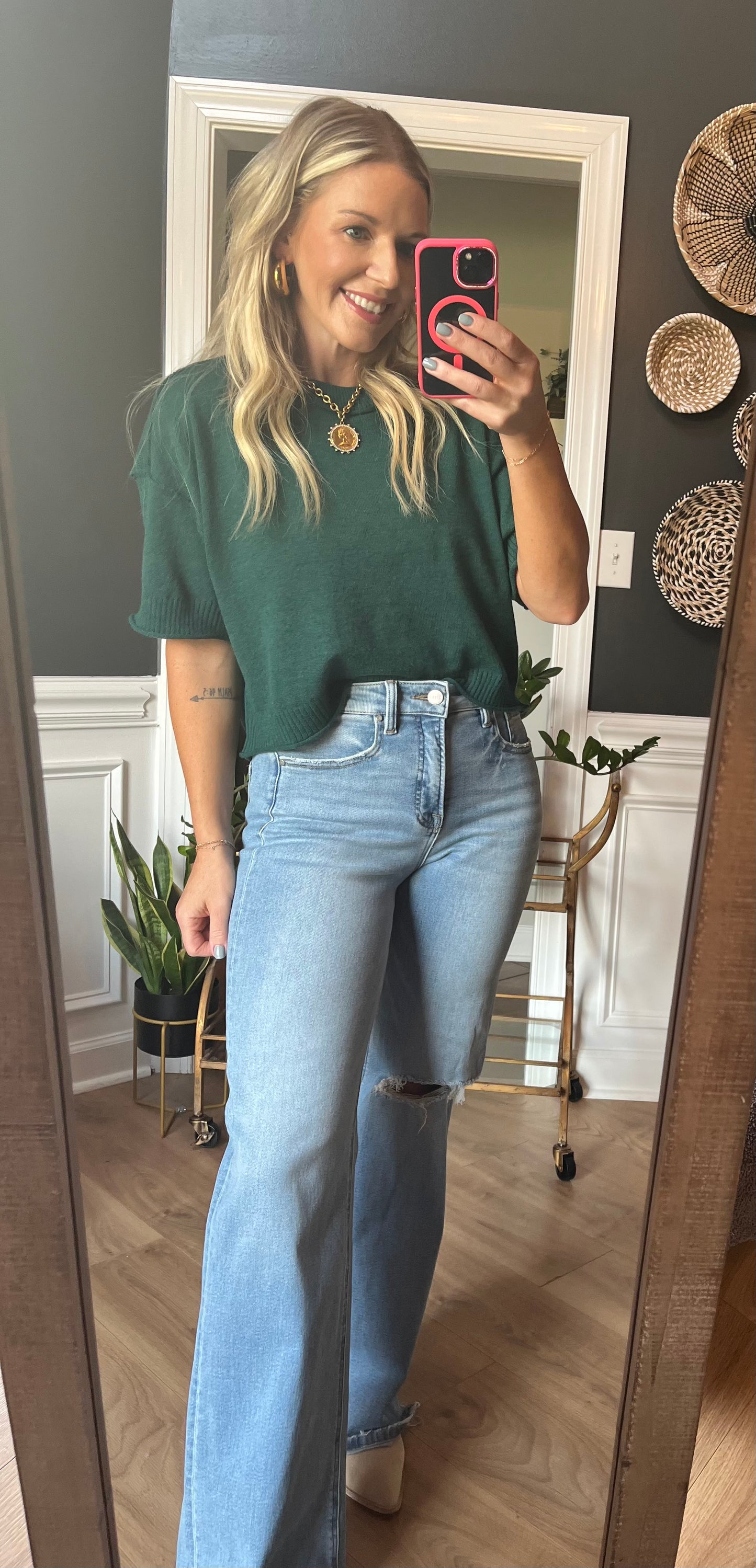 Round Neck Exposed Seam Juniper Green Sweater