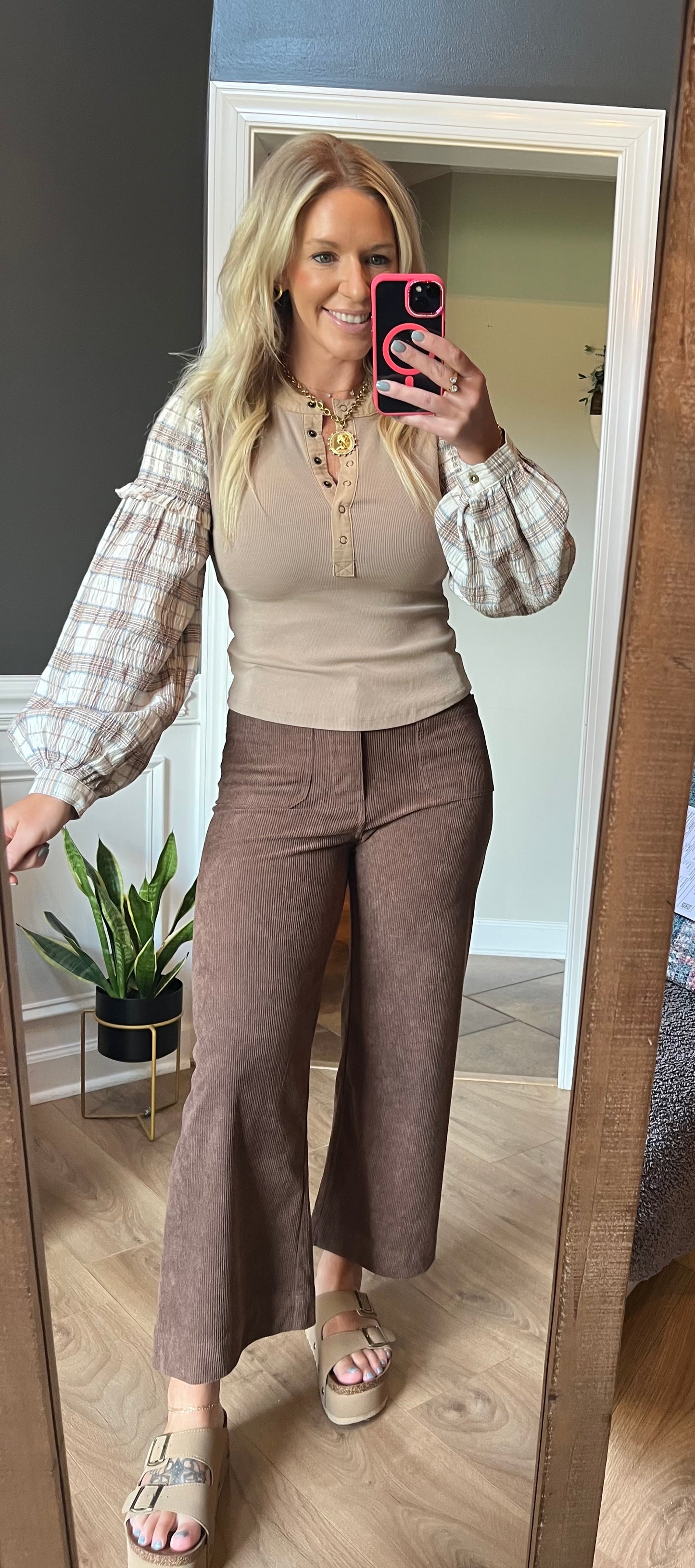 Plaid Balloon Sleeve Rib Henley Top