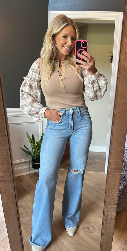 Plaid Balloon Sleeve Rib Henley Top