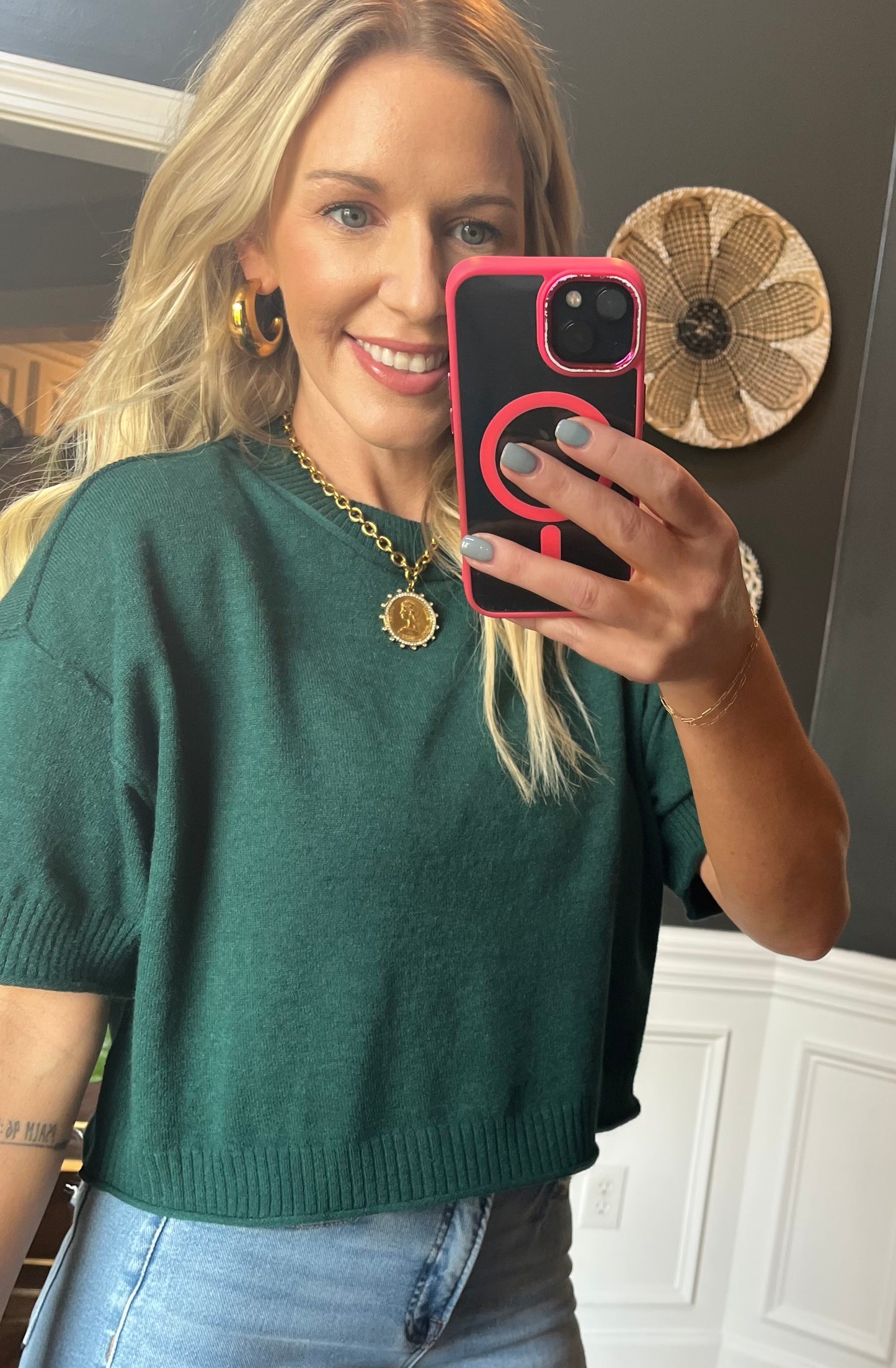 Round Neck Exposed Seam Juniper Green Sweater