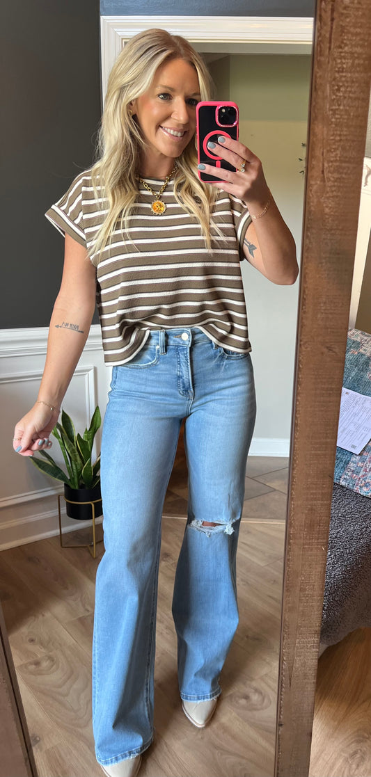 Olive Mocha Striped Short Sleeve Top