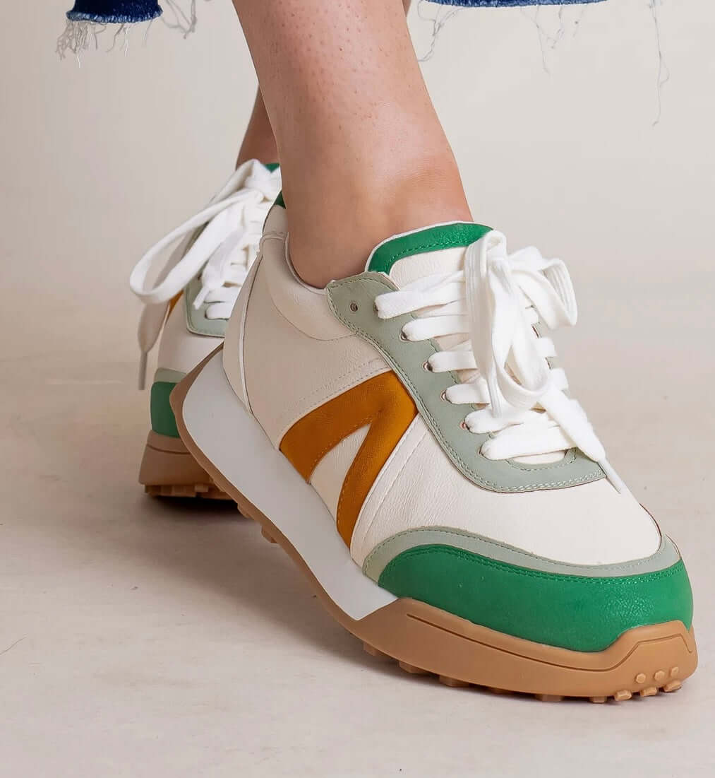 MIA Town Sneaker in multi green, featuring vegan leather, color-blocked design, and contoured footbed for comfort.
