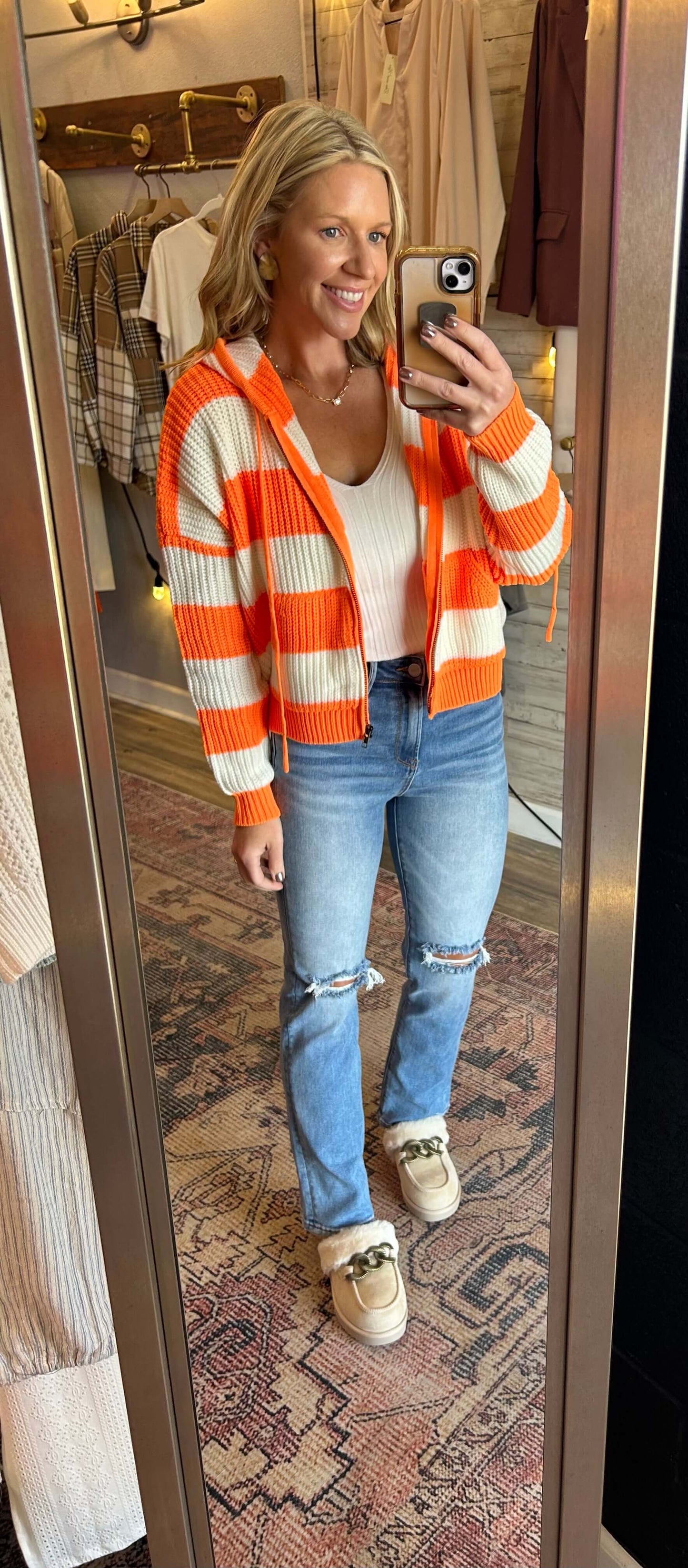 Orange&White Cable Knit Zip Up Hoodie