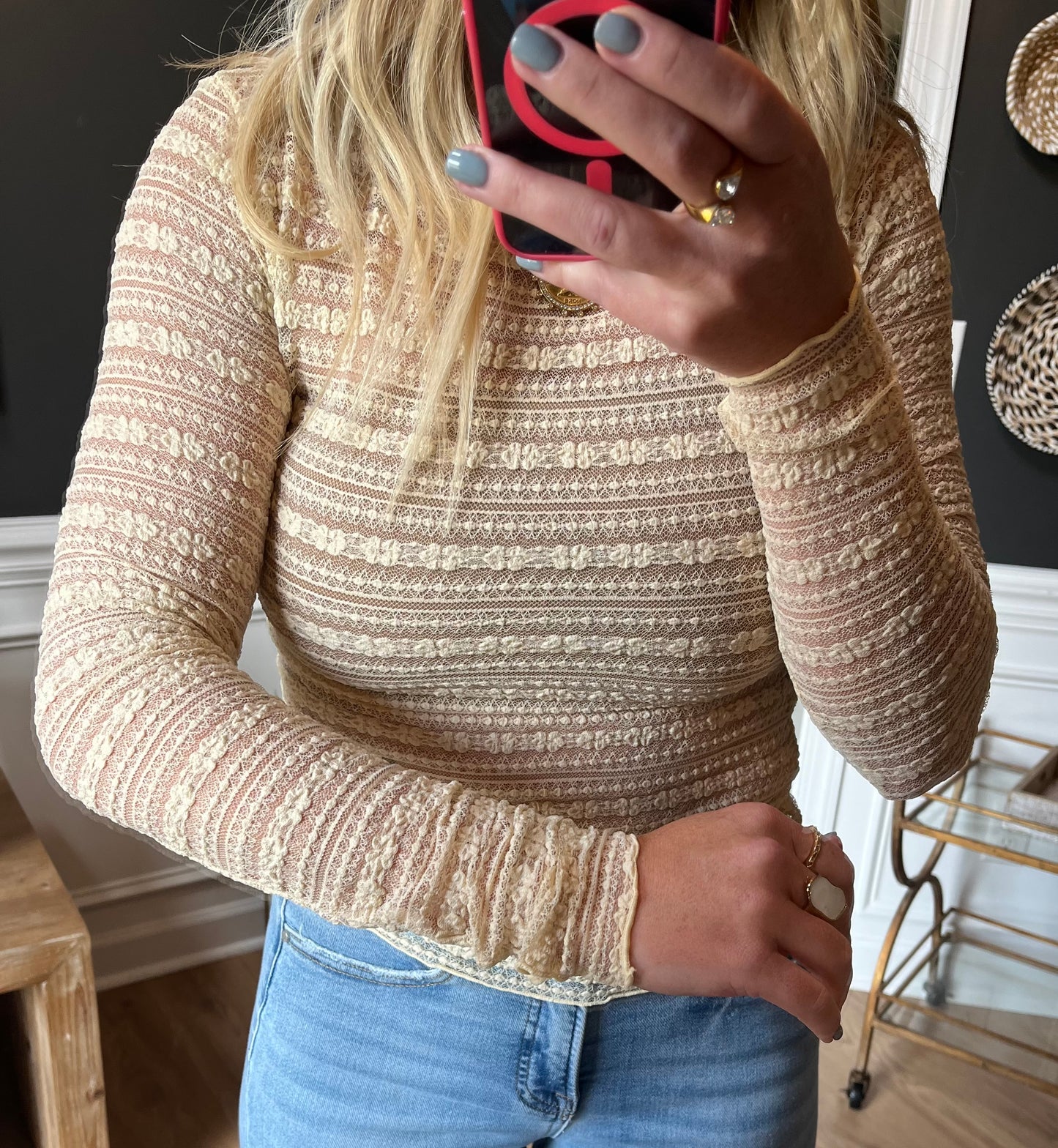 Sheer Textured Lace Layering Top/ butter cream