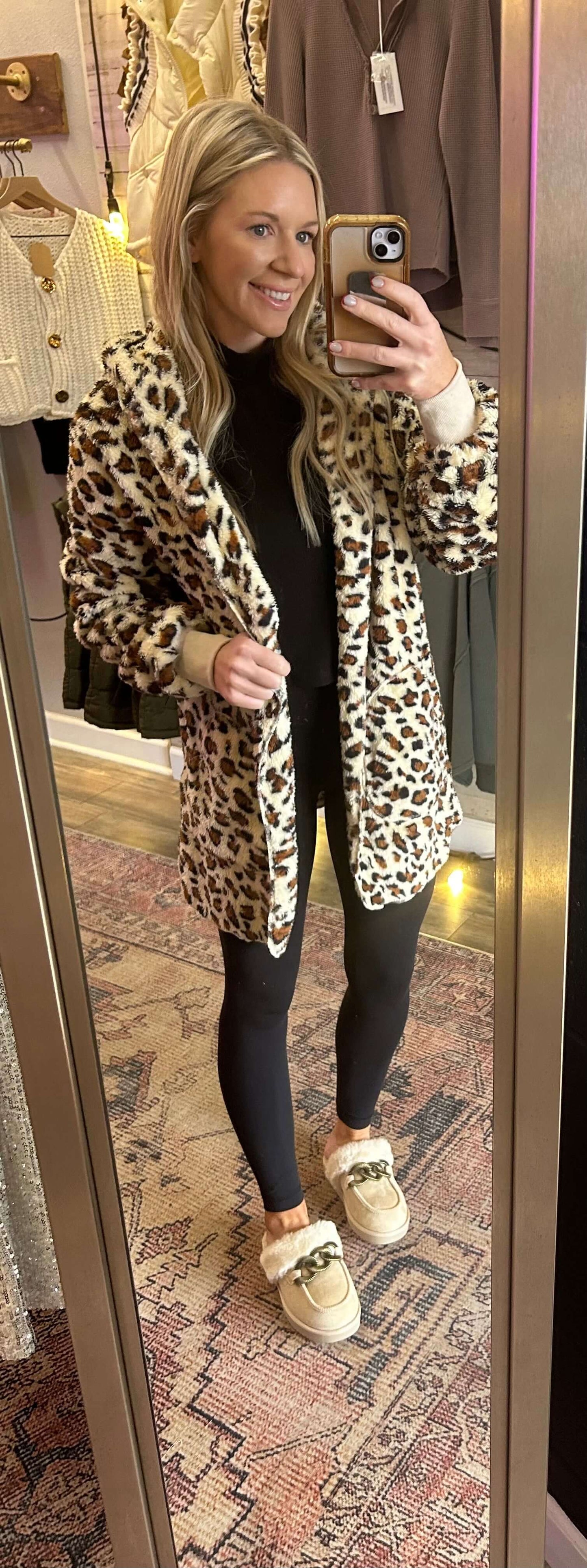 Fuzzy Leopard Open Front Cardigan