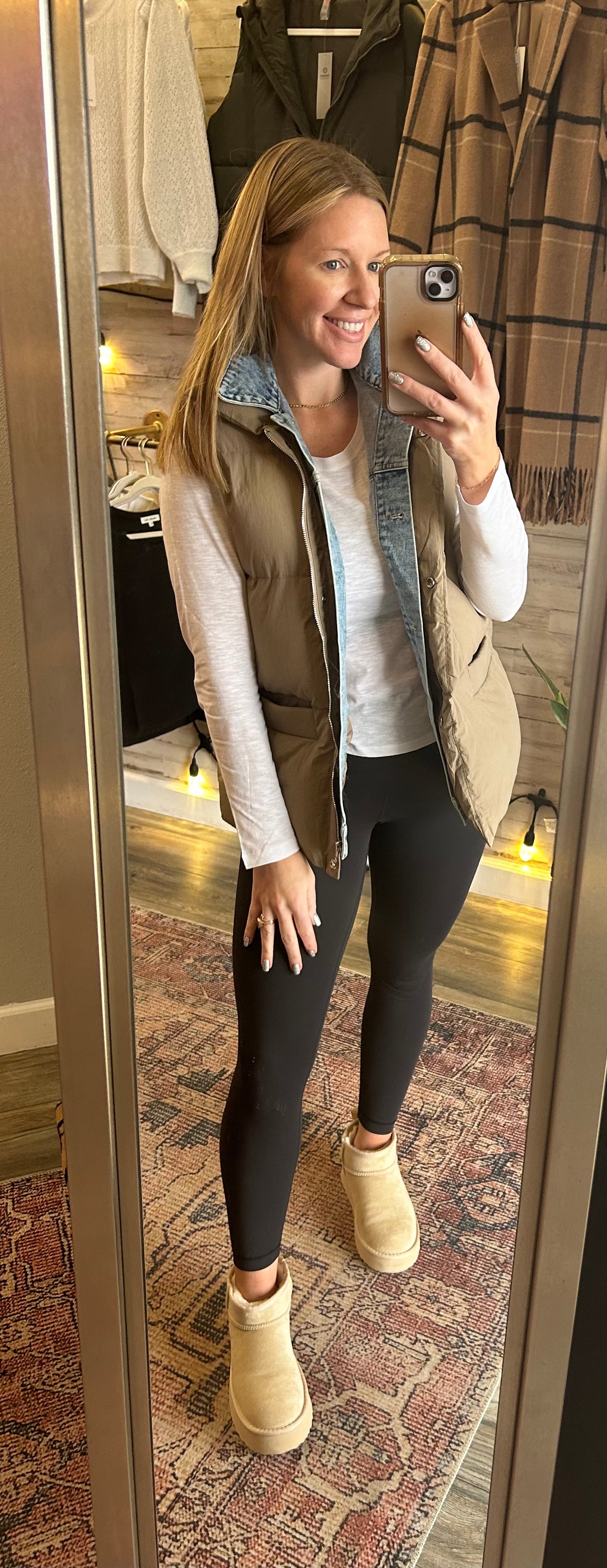 Denim Layered Puffer Vest/mushroom