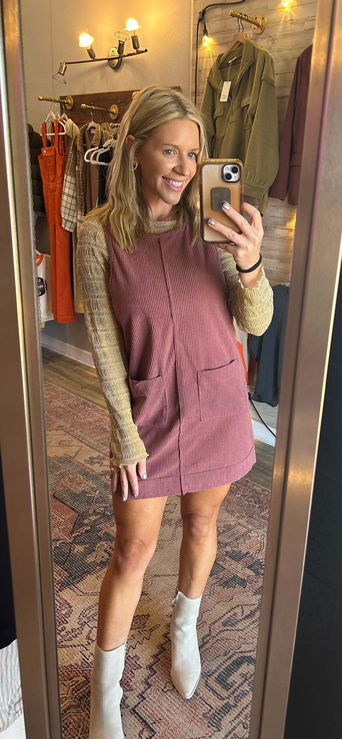 Currently Cute Corduroy Overall Dress/ mauve