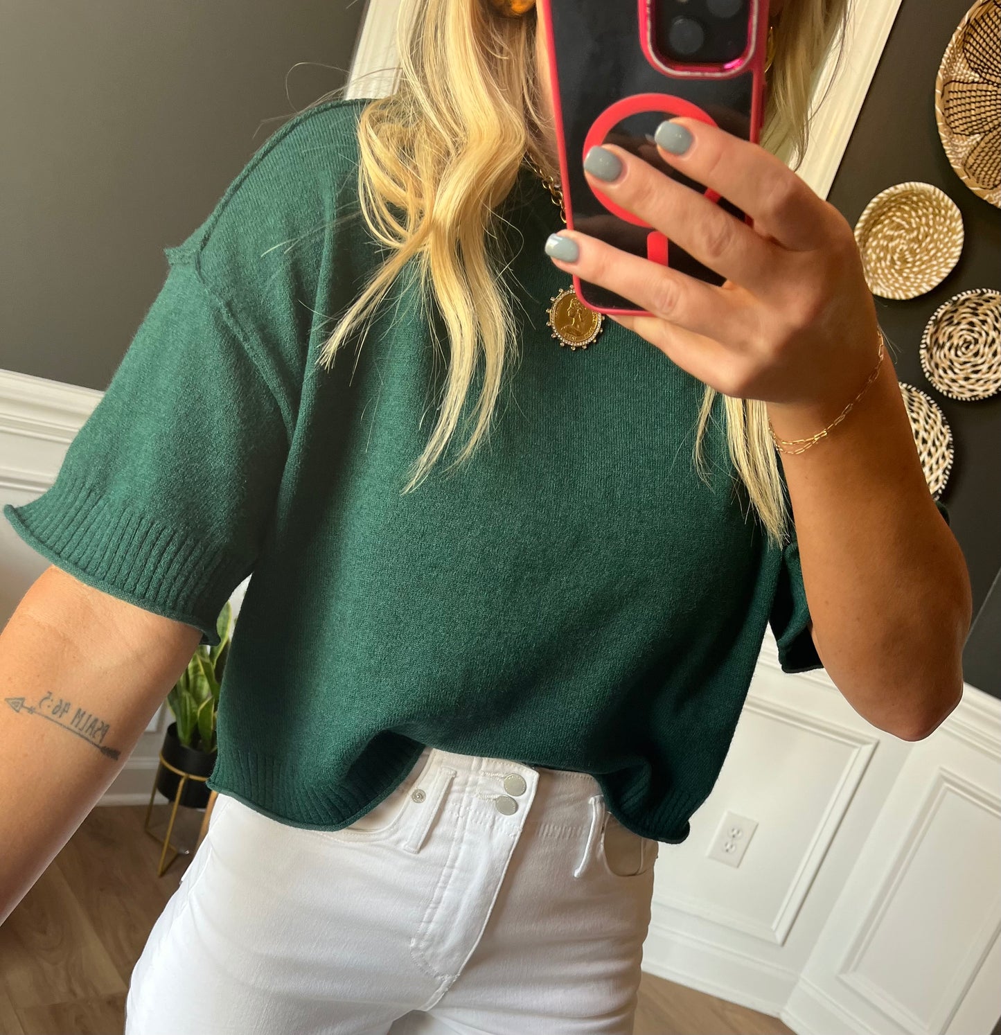 Round Neck Exposed Seam Juniper Green Sweater