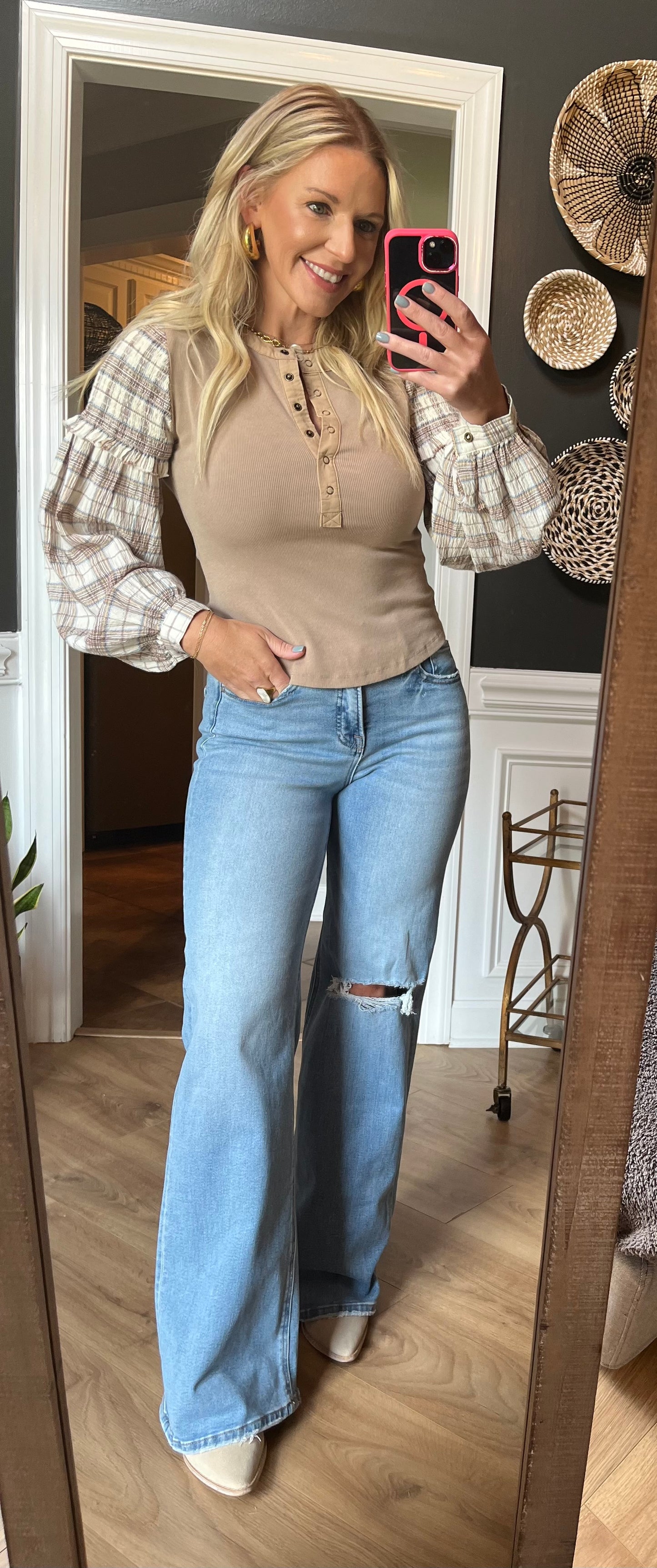 Plaid Balloon Sleeve Rib Henley Top