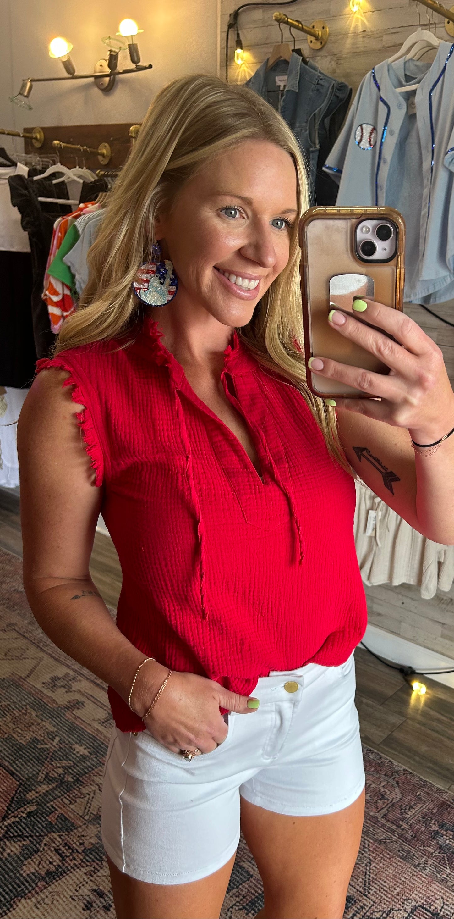 Red Gauze V neck Distressed Sleeve Tank