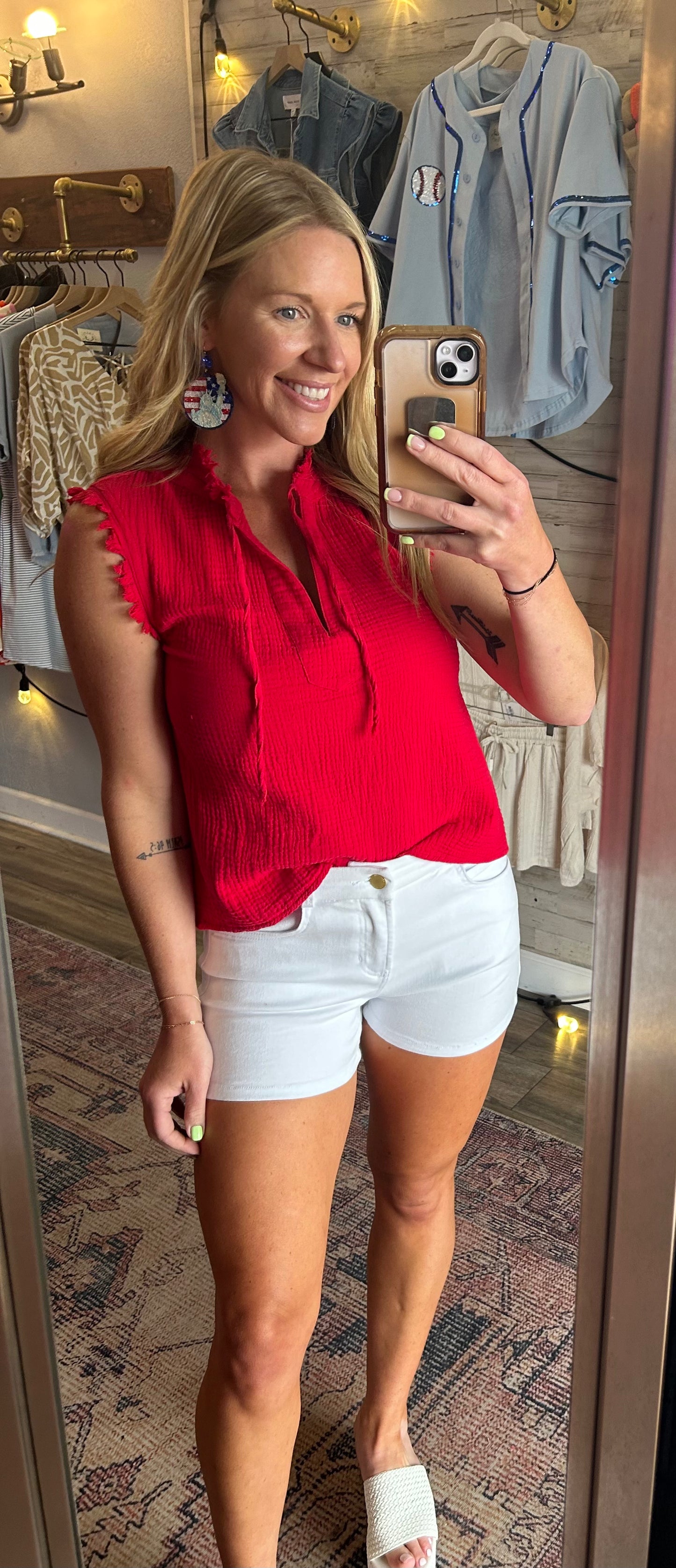 Red Gauze V neck Distressed Sleeve Tank